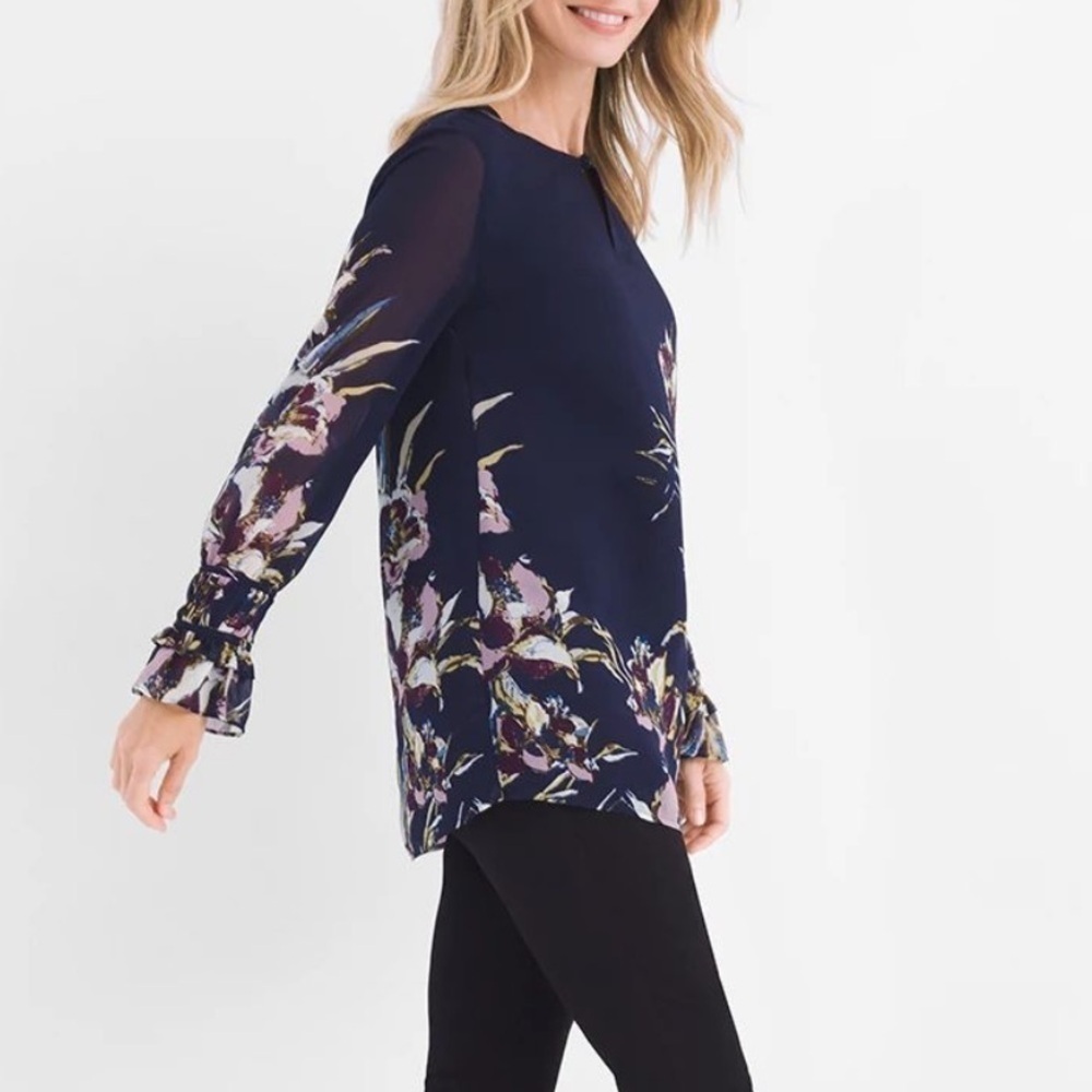 Chico’s Bird of Paradise-Print Pullover Blouse Sz 2 12/14 Blue Floral Blouse Top - Picture 3 of 9